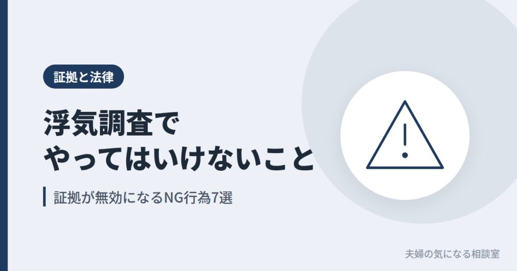 浮気調査でやってはいけない、証拠が無効になるNG行為を表す注意マーク